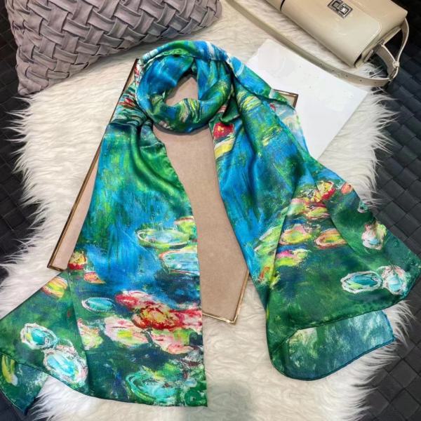 Scarf 100% Silk Green Blue Flower